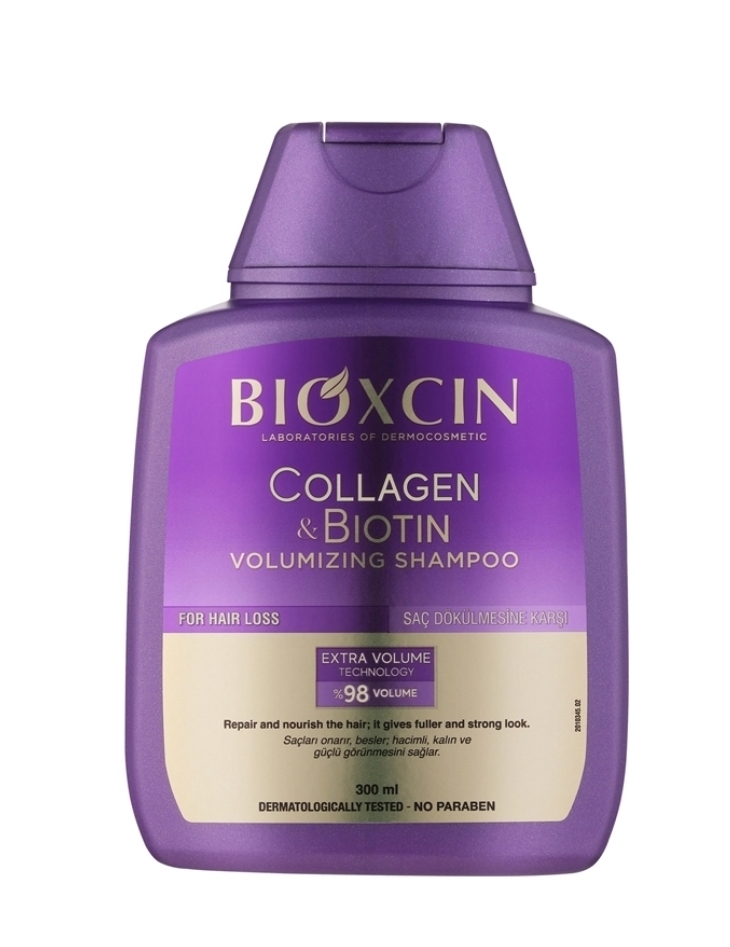 شامپو ضدریزش و حجم دهنده بیوکسین BIOXCIN مدل کلاژن و بیوتین Collagen and Biotin حجم 300 میل