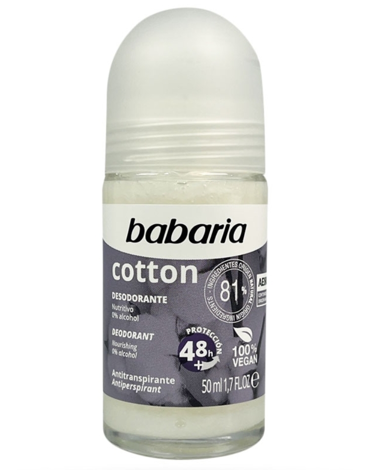 مام رول ضد تعریق دئودورانت رولی باباریا مدل کتان Babaria Desodorante Rollon Cotton 48h Protection 50ml